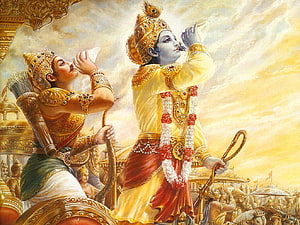 Krishna and Arjuna blowing conch shells in the Mahabharata war chariot scene HD wallpaper