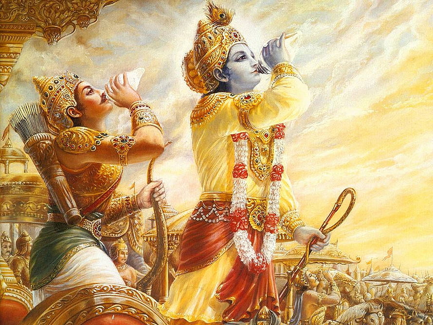 Krishna and Arjuna blowing conch shells in the Mahabharata war chariot scene HD wallpaper