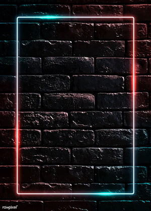 Neon Rectangle Frame on Dark Brick Wall with Cyan and Red Glow HD phone wallpaper