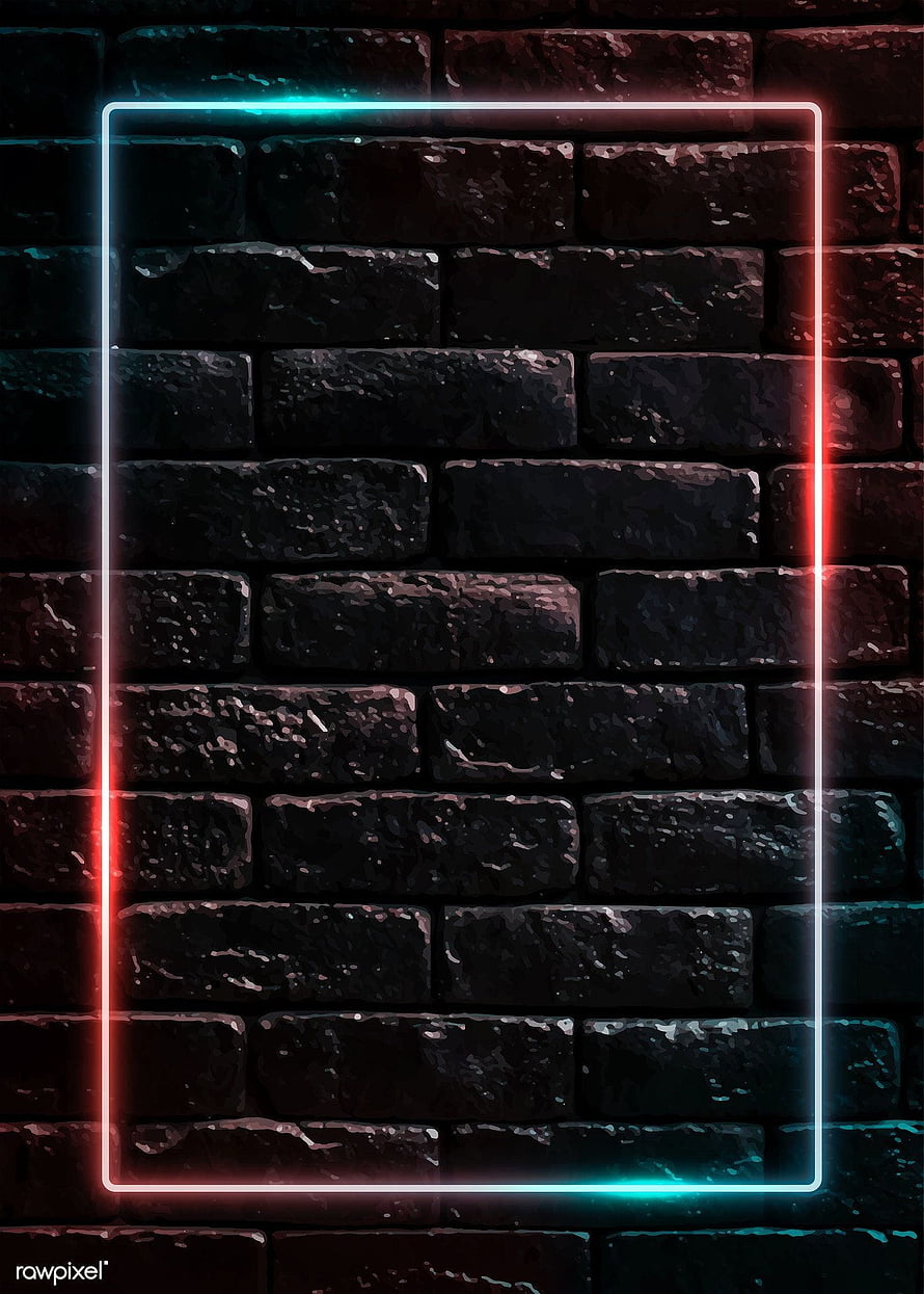 Neon Rectangle Frame on Dark Brick Wall with Cyan and Red Glow HD phone wallpaper