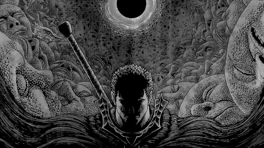 Berserk Guts Black and White Manga Artwork with Dragon Slayer Sword and Dark Fantasy Landscape HD wallpaper