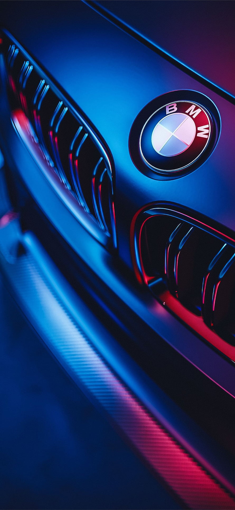 BMW M Power Front Grille Close-Up with Neon Blue and Red Lighting HD phone wallpaper