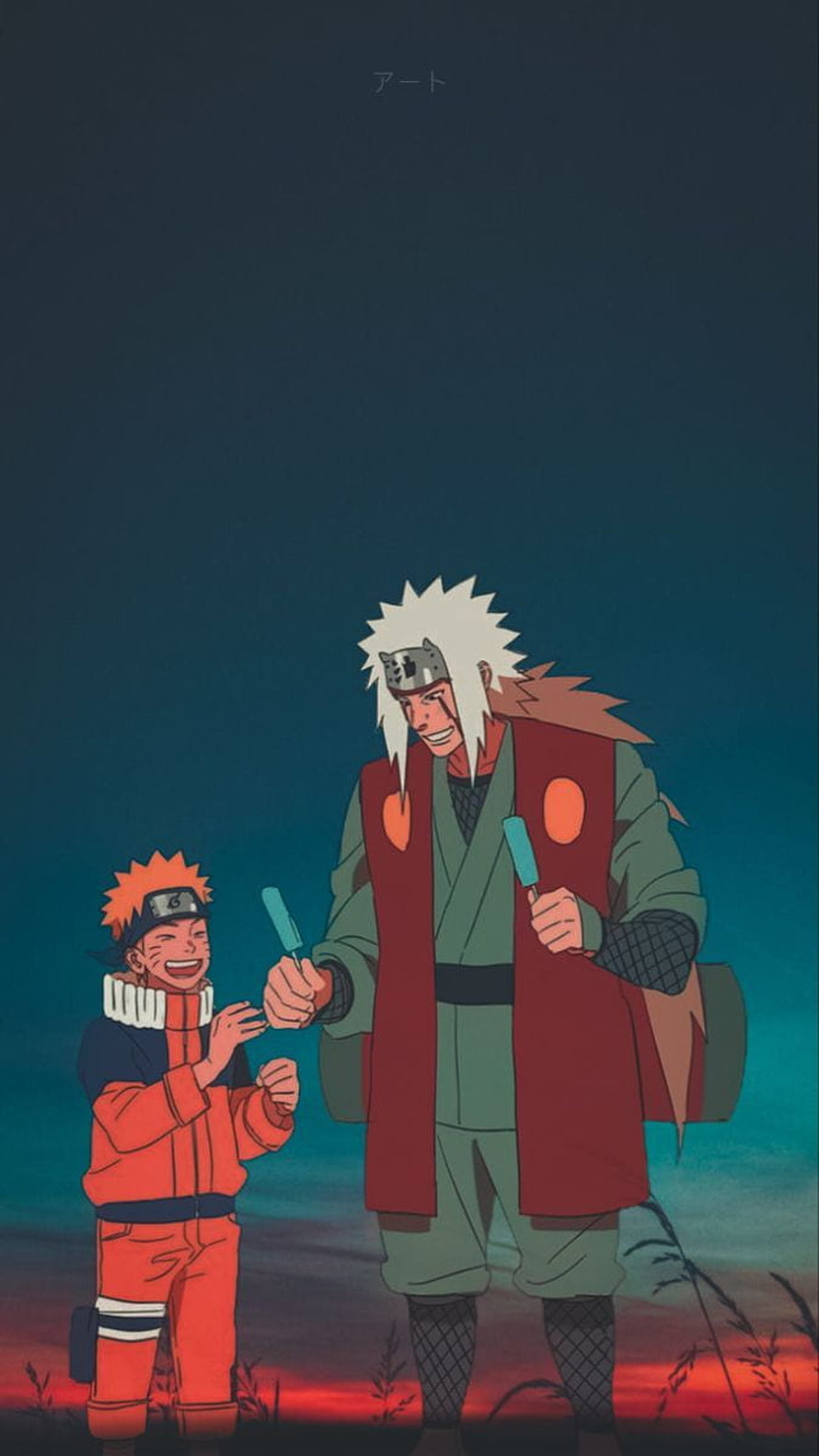 Naruto and Jiraiya Sharing Ice Pops at Sunset in Anime Illustration HD phone wallpaper