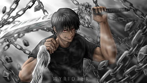 Toji Fushiguro anime character wielding a large blade surrounded by heavy chains in a dark monochrome setting HD wallpaper