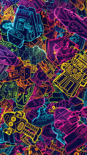 Neon Retro Robot Line Art Pattern on Dark Background HD phone wallpaper