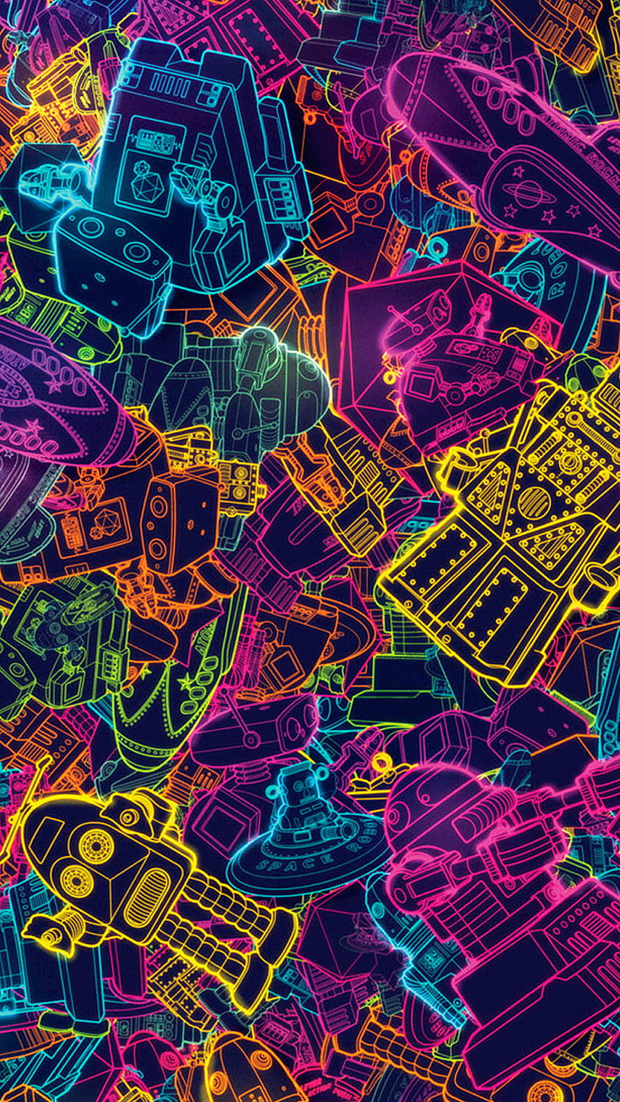 Neon Retro Robot Line Art Pattern on Dark Background HD phone wallpaper