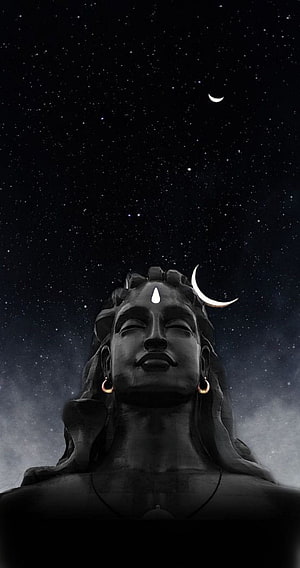 Statue of Lord Shiva Meditating Under Starry Night Sky With Crescent Moon HD phone wallpaper