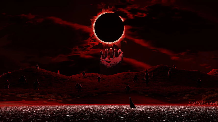 Dark Fantasy Landscape With Giant Hand Holding Solar Eclipse Over Red Ocean HD wallpaper