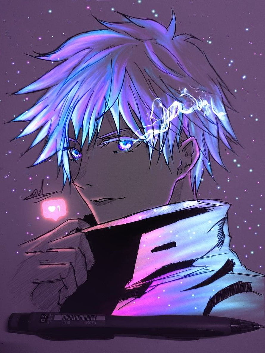 Gojo Satoru Anime Portrait With Glowing Blue Eyes And Starry Background HD phone wallpaper