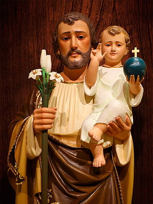 St. Joseph and the Christ Child Religious Statue with Lily and Globe HD phone wallpaper