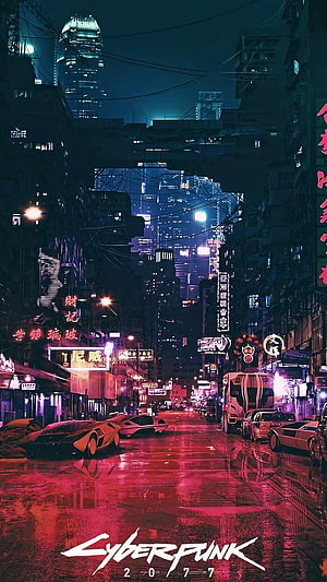 Cyberpunk 2077 Neon City Street at Night with Futuristic Cars and Rainy Reflections HD phone wallpaper
