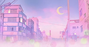 Dreamy Anime City Street at Twilight with Crescent Moon and Pastel Pink Sky HD wallpaper