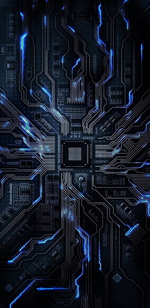 Glowing Blue Circuit Board with Central Processor and Tracing Data Lines HD phone wallpaper