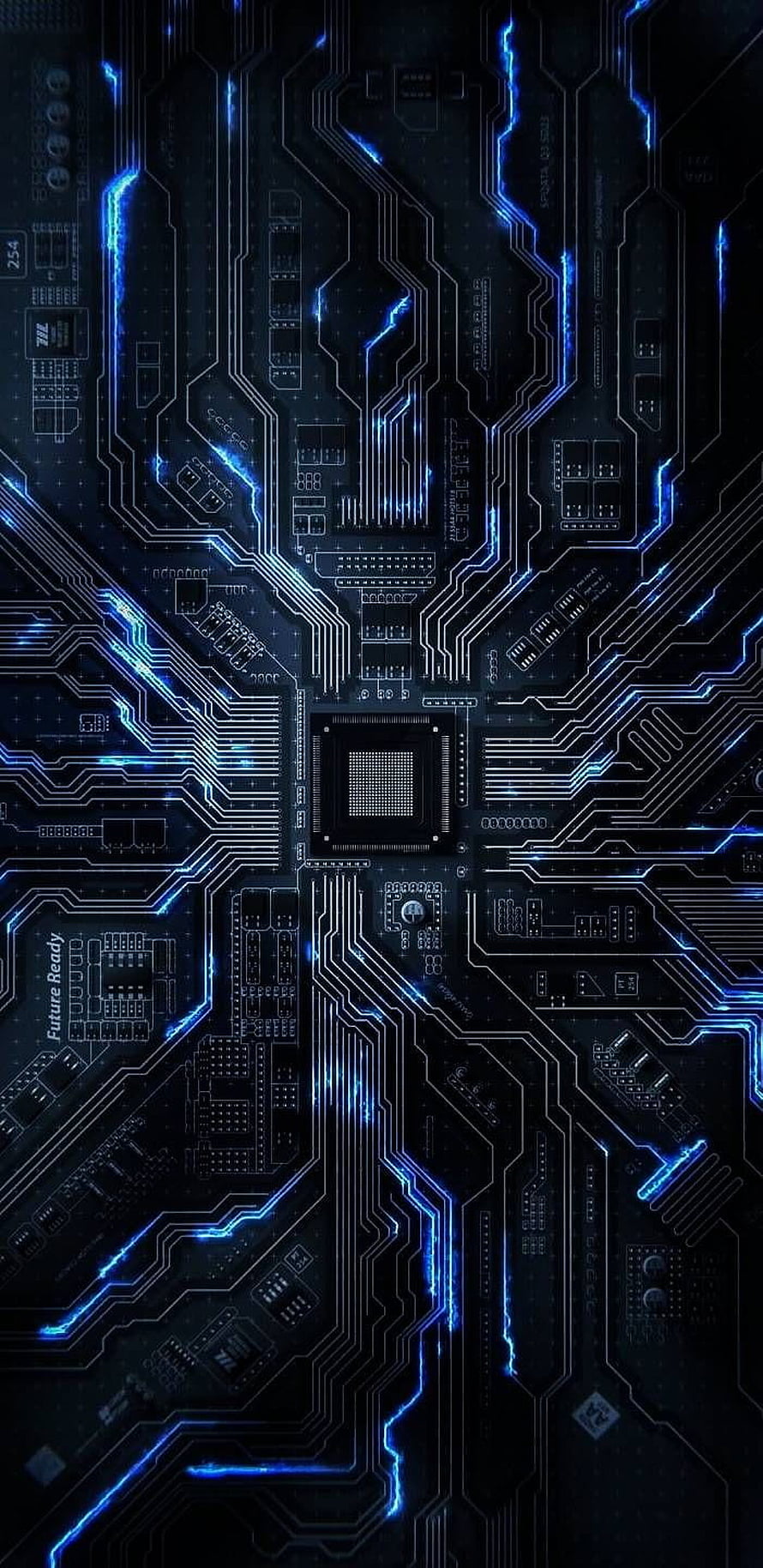 Glowing Blue Circuit Board with Central Processor and Tracing Data Lines HD phone wallpaper
