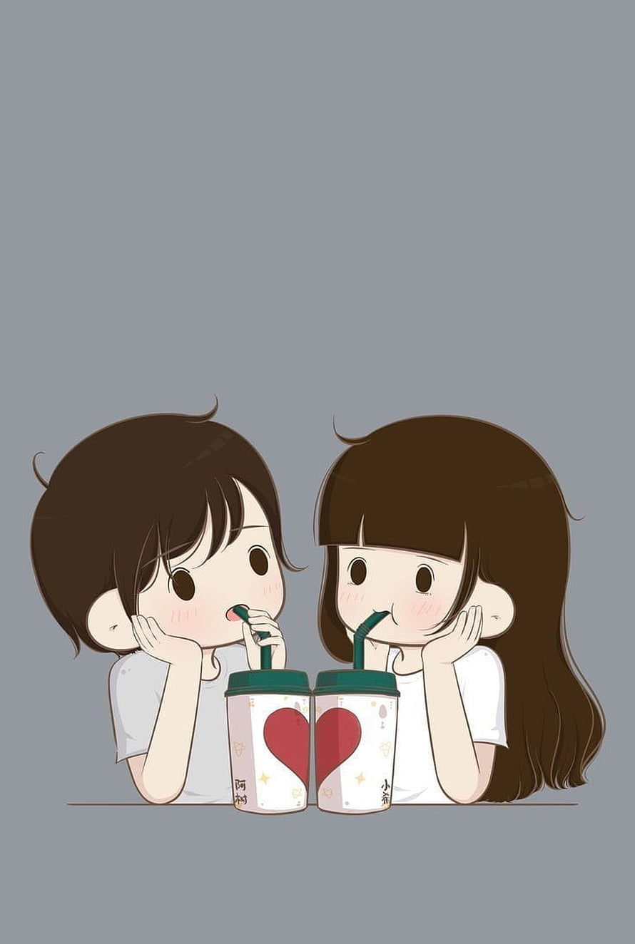 Cute cartoon couple drinking bubble tea with matching heart cups on a gray background HD phone wallpaper