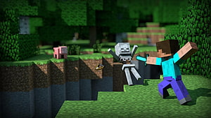 Minecraft Steve Fighting Skeleton in Blocky Forest Landscape HD wallpaper