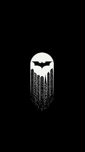Minimalist Batman Logo With Gotham City Skyline Silhouette On Black Background, Black Batman , amoled black batman HD phone wallpaper
