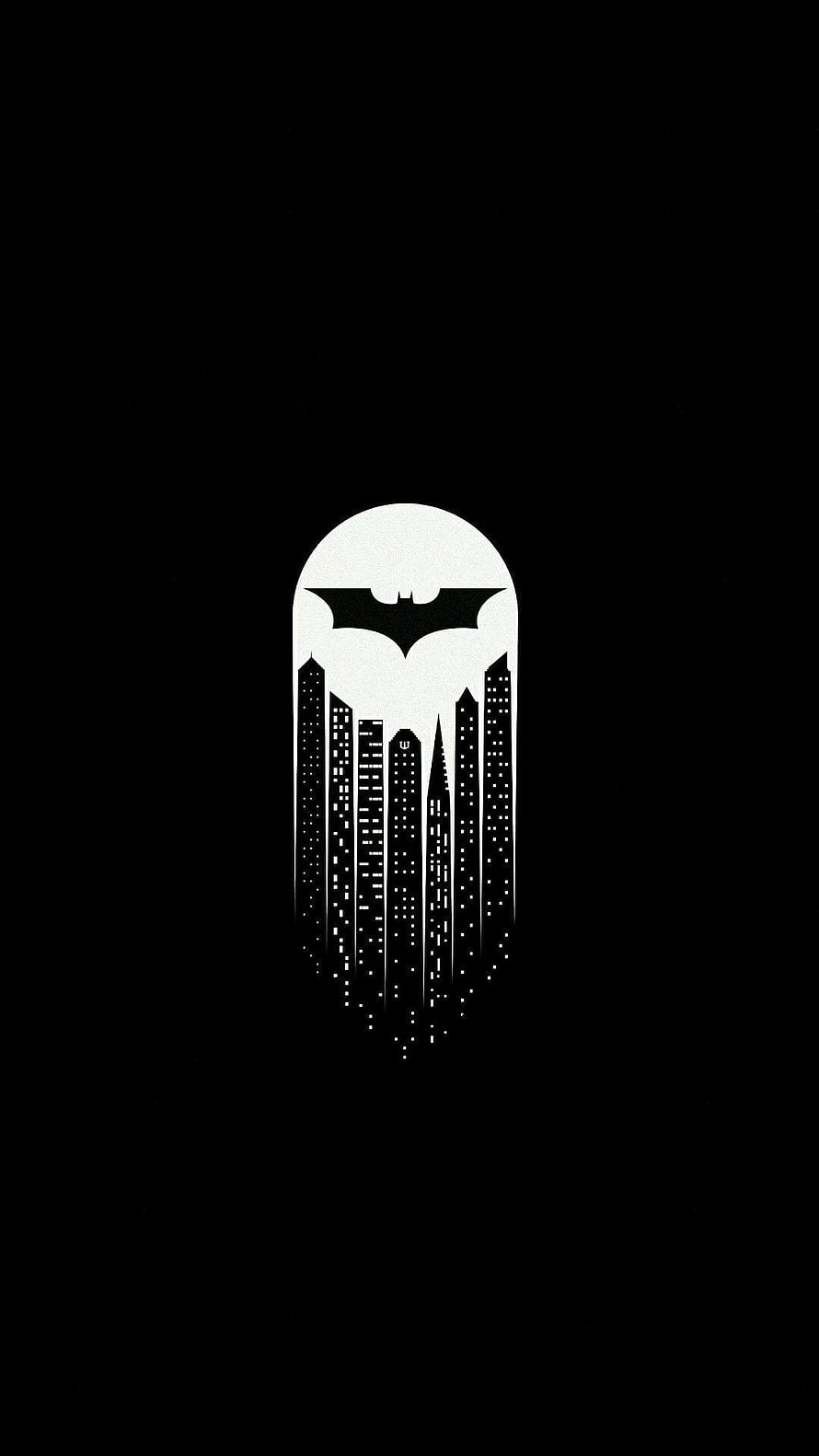 Minimalist Batman Logo With Gotham City Skyline Silhouette On Black Background, Black Batman , amoled black batman HD phone wallpaper
