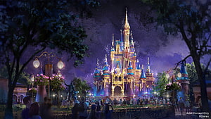 Walt Disney World Enchanted Castle at Night with Magical Illumination and Park Guests HD wallpaper