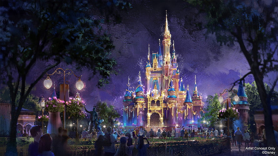 Walt Disney World Enchanted Castle at Night with Magical Illumination and Park Guests HD wallpaper