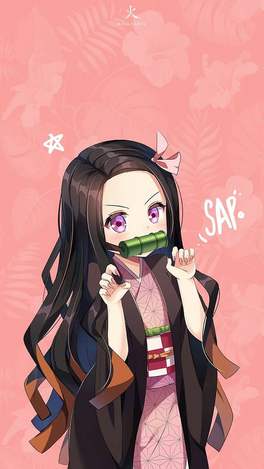 Cute Nezuko Kamado Anime Character in Pink Kimono with Bamboo Cuff HD phone wallpaper