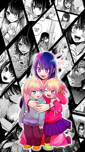 Anime Mother Hugging Twins With Manga Panels Background, Made An Oshi no ko kinda cause I was bored : r/OshiNoKo HD phone wallpaper