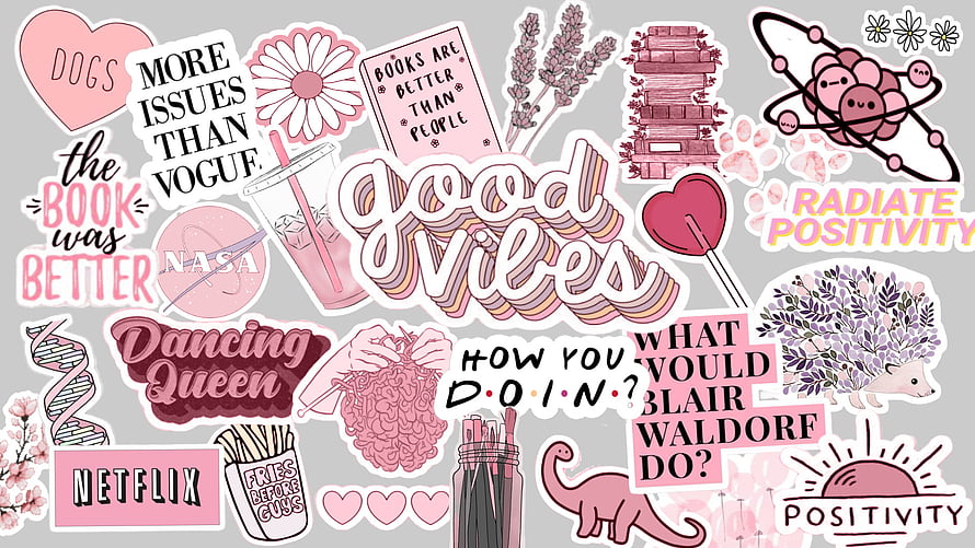 Pastel Aesthetic Sticker Collage with Good Vibes and Book Lover Quotes HD wallpaper