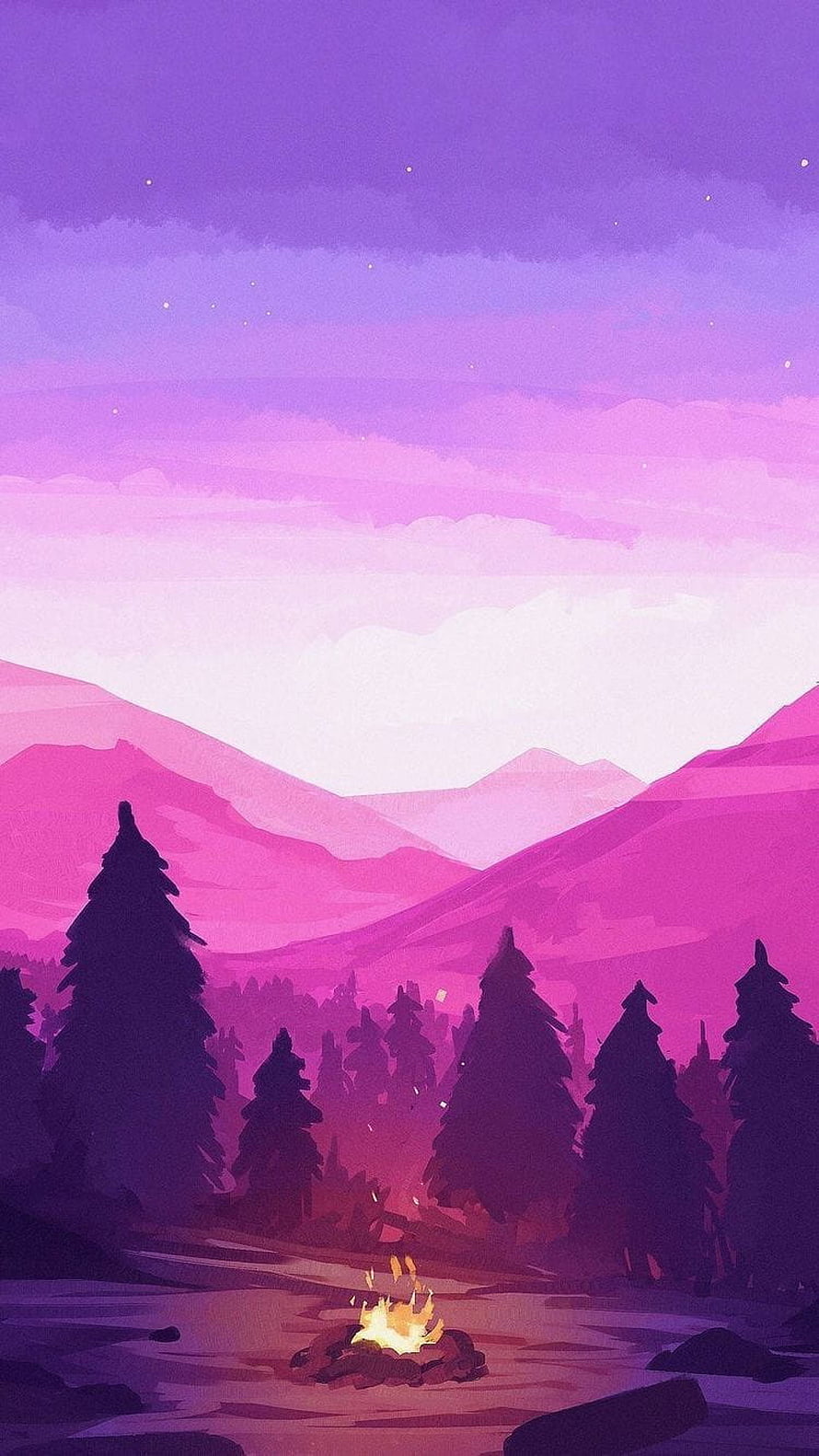 Purple Mountain Valley with Pine Trees and Campfire at Dusk HD phone wallpaper