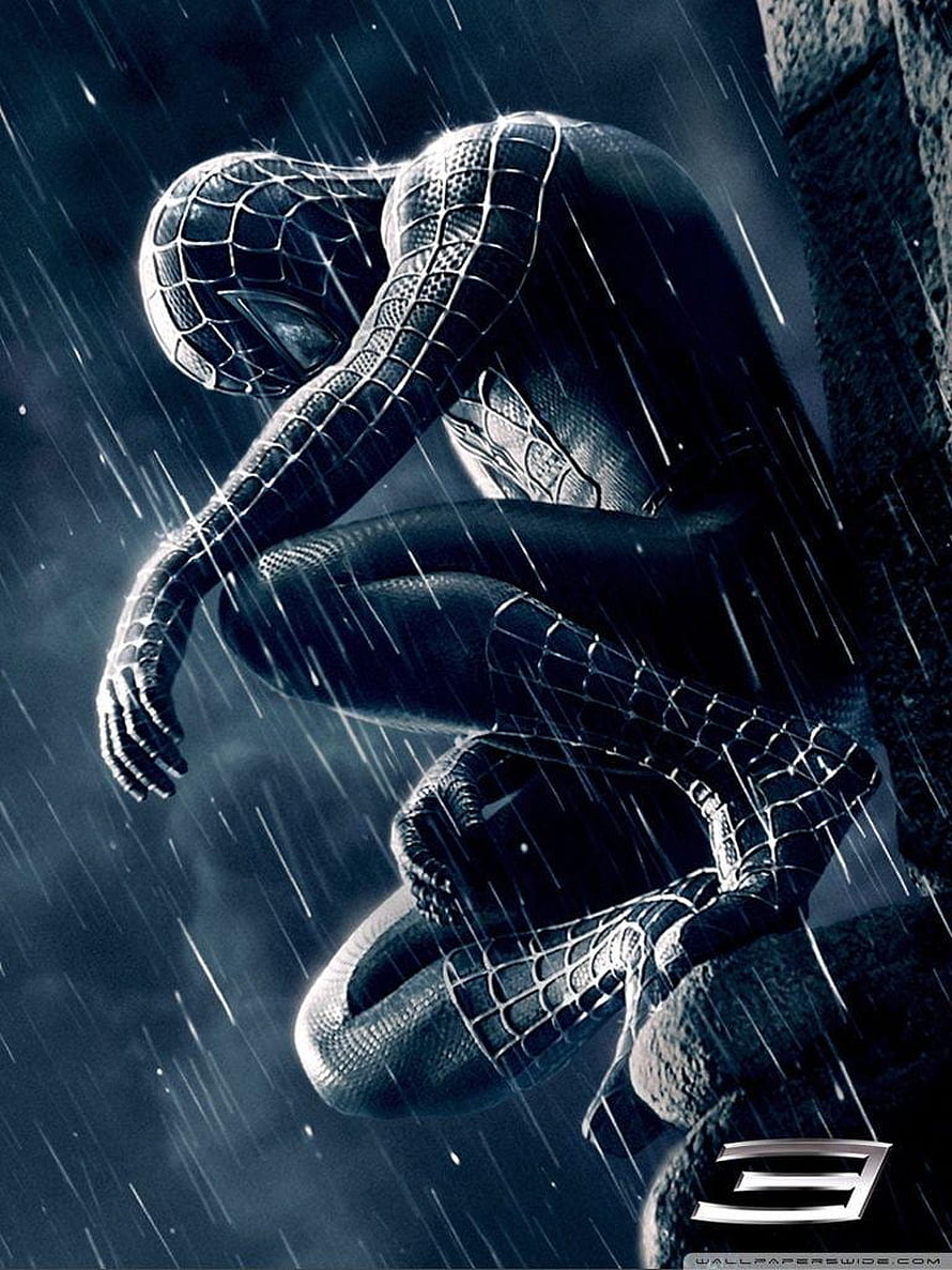 Spider-Man 3 Black Suit Crouching in Rain Wallpaper, black spiderman for pc, #Black Spiderman HD phone wallpaper