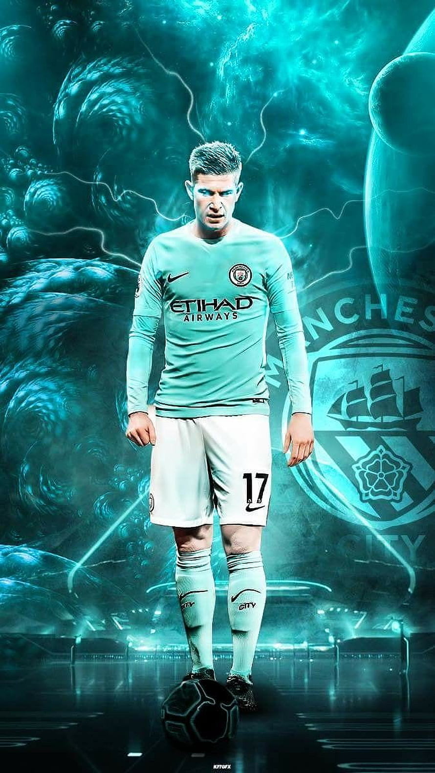 Kevin De Bruyne in Manchester City Kit with Electric Blue Cosmic Background HD phone wallpaper