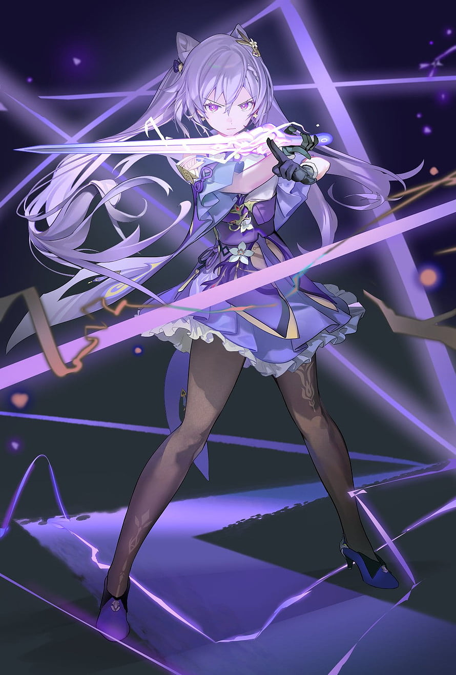 Keqing from Genshin Impact in a dynamic pose wielding a glowing sword with purple energy effects HD phone wallpaper