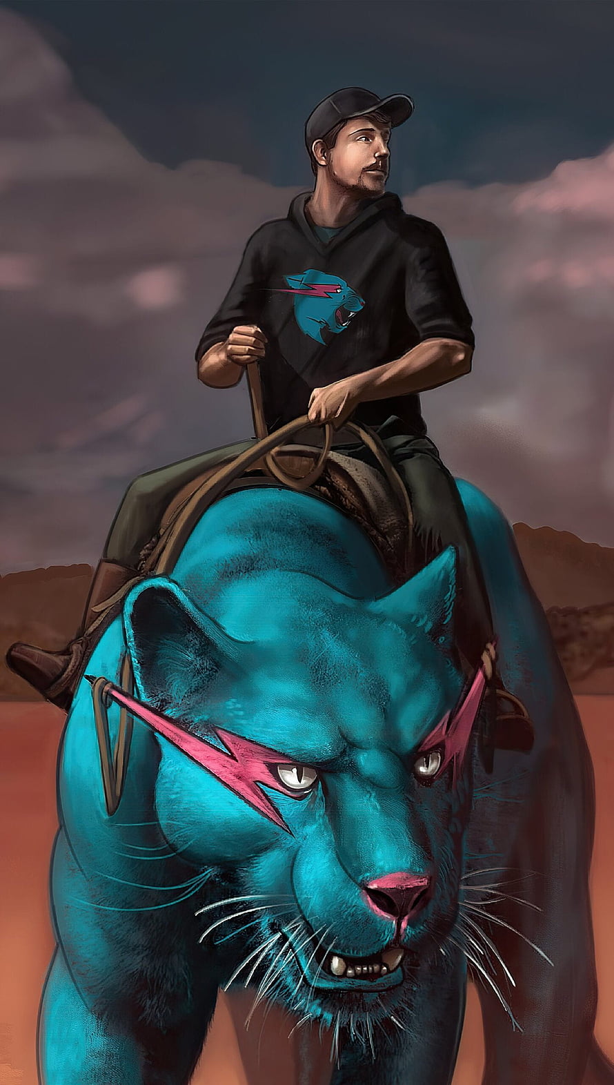MrBeast Riding a Teal Jaguar with Pink Accents in a Desert Landscape HD phone wallpaper