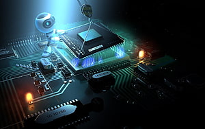 Cute Robot Engineer Working on Glowing CPU Chip on Circuit Board HD wallpaper