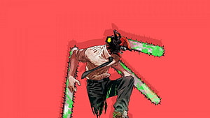 Chainsaw Man Denji Action Illustration with Green Chainsaws on Red Background, chainsaw man pc, #Chainsaw Man HD wallpaper