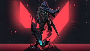 Cyberpunk Assassin Character with Glowing Blue Eyes and Red Background HD wallpaper