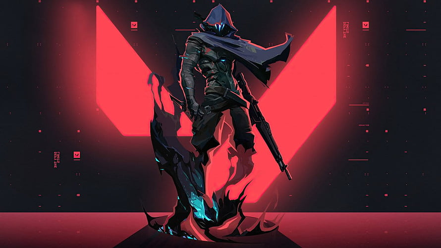 Cyberpunk Assassin Character with Glowing Blue Eyes and Red Background HD wallpaper