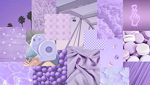 Light Purple Aesthetic Collage Featuring Macarons, Silk, and Neon Signage HD wallpaper