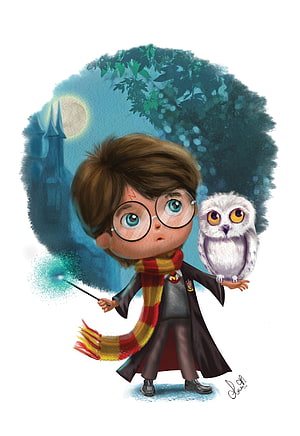 Cute Chibi Harry Potter with Hedwig Owl and Hogwarts Castle Background HD phone wallpaper