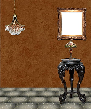 Vintage Interior Scene with Ornate Mirror, Chandelier, and Elephant Pedestal Table HD phone wallpaper
