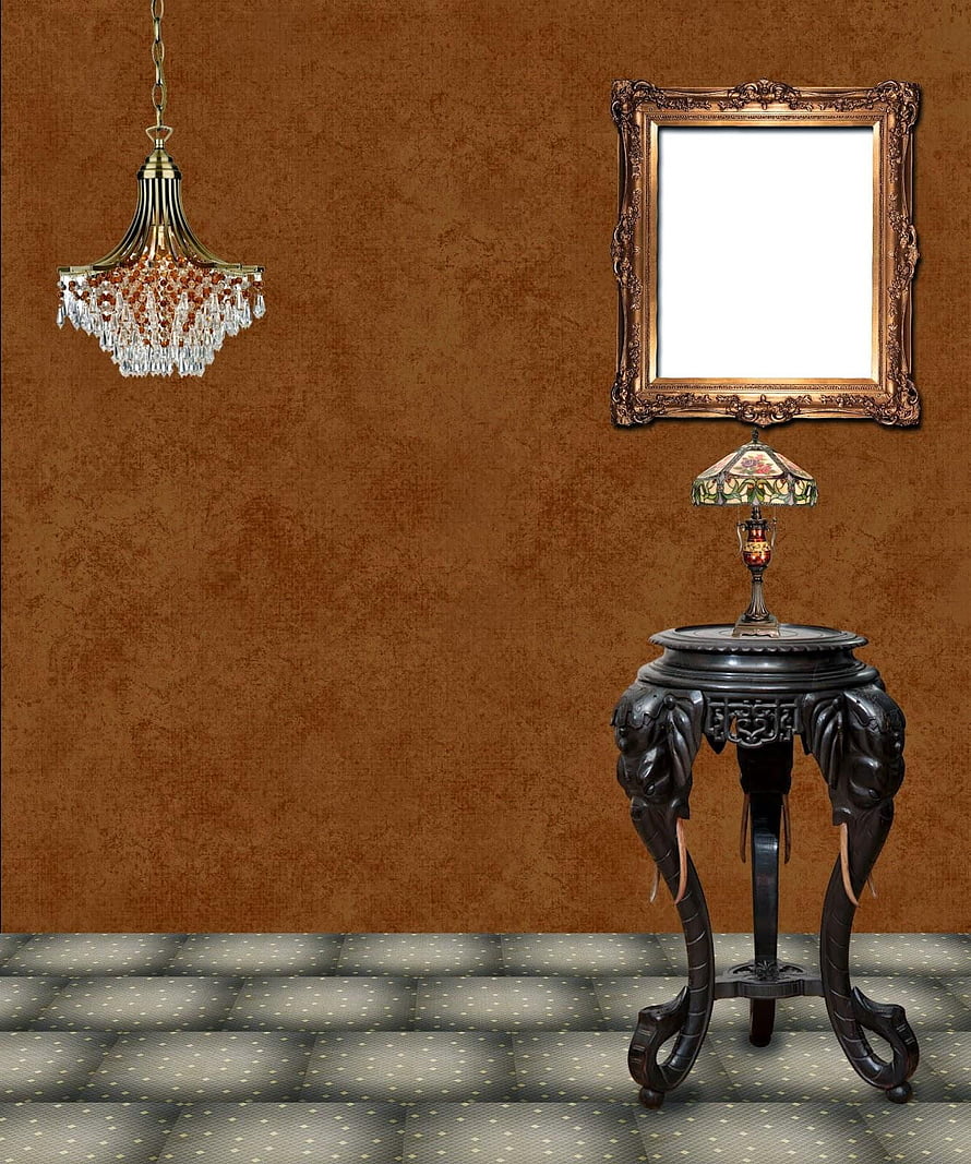 Vintage Interior Scene with Ornate Mirror, Chandelier, and Elephant Pedestal Table HD phone wallpaper
