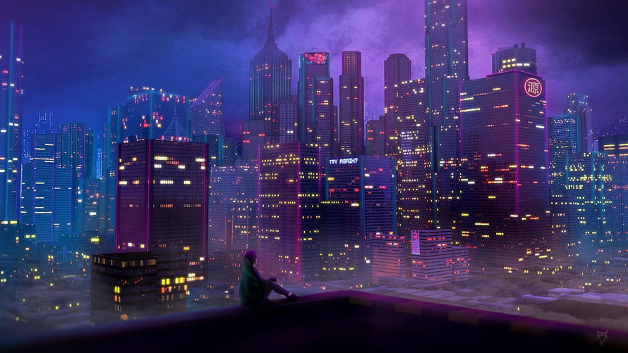 Lone Figure Sitting on Rooftop Overlooking Neon Cyberpunk Cityscape at Night HD wallpaper