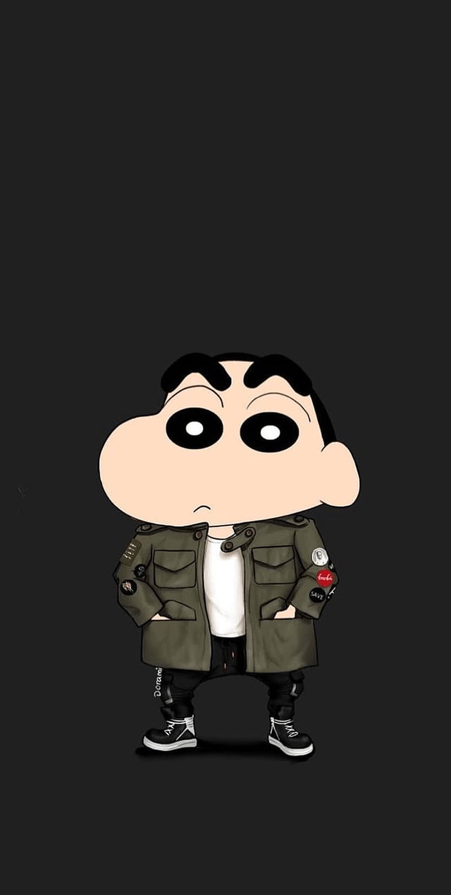 Shin-chan in a stylish green jacket and black pants anime wallpaper HD phone wallpaper