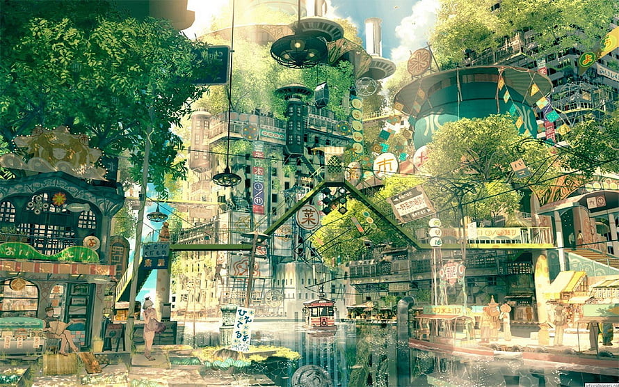 Lush Green Steampunk Cityscape with Waterways and Dense Architecture HD wallpaper