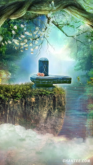 Mystical Shiva Lingam on Floating Cliff with White Blossoms and Ethereal Mist HD phone wallpaper