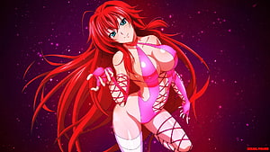 Rias Gremory from High School DxD in a pink bodysuit against a starry purple background HD wallpaper