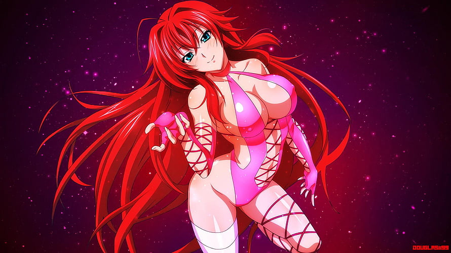 Rias Gremory from High School DxD in a pink bodysuit against a starry purple background HD wallpaper