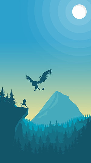 The Witcher 3 Geralt Confronting Griffin Silhouette in Mountain Landscape HD phone wallpaper