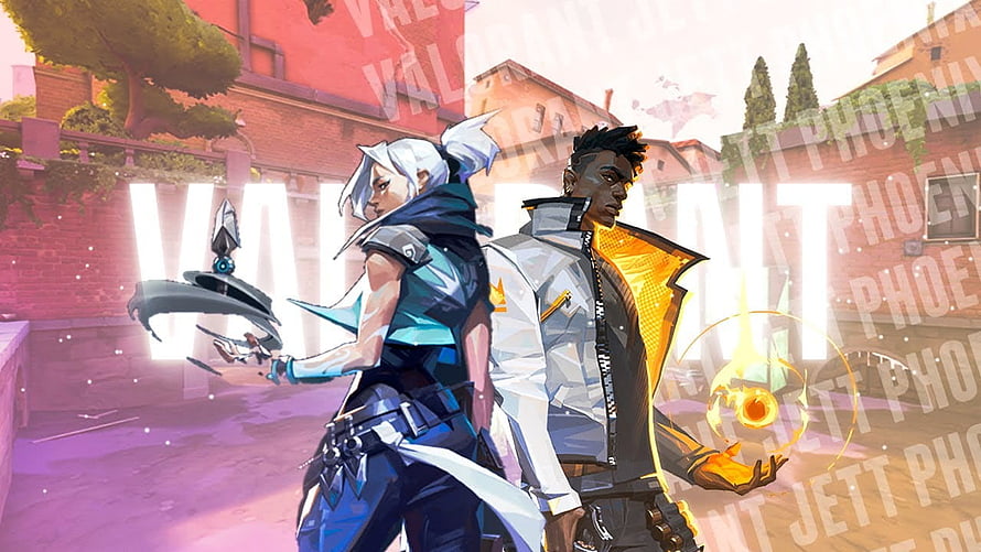 Valorant Jett and Phoenix standing back to back in a sunlit urban courtyard with glowing abilities HD wallpaper