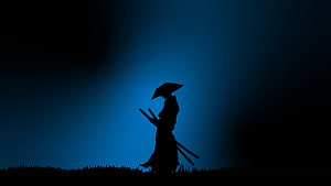 Silhouette of a lone samurai warrior holding a sword against a deep blue night sky HD wallpaper