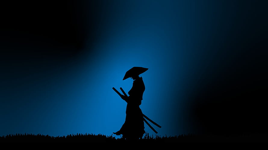 Silhouette of a lone samurai warrior holding a sword against a deep blue night sky HD wallpaper